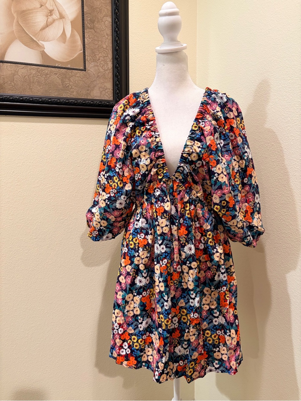 KAII Floral Deep V-Neck Puff Sleeve Mini cotton Dress - Multicolor Size S NWT